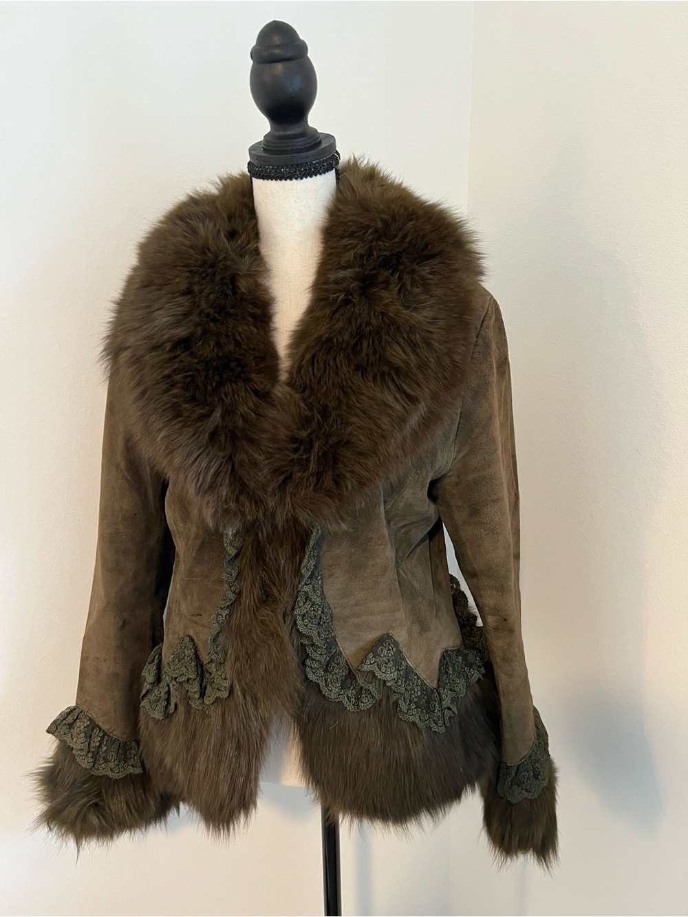 Vintage Real Fur Olive Green Suede Jacket Large Fox Fur Collar Lace Trim Y2K M-L